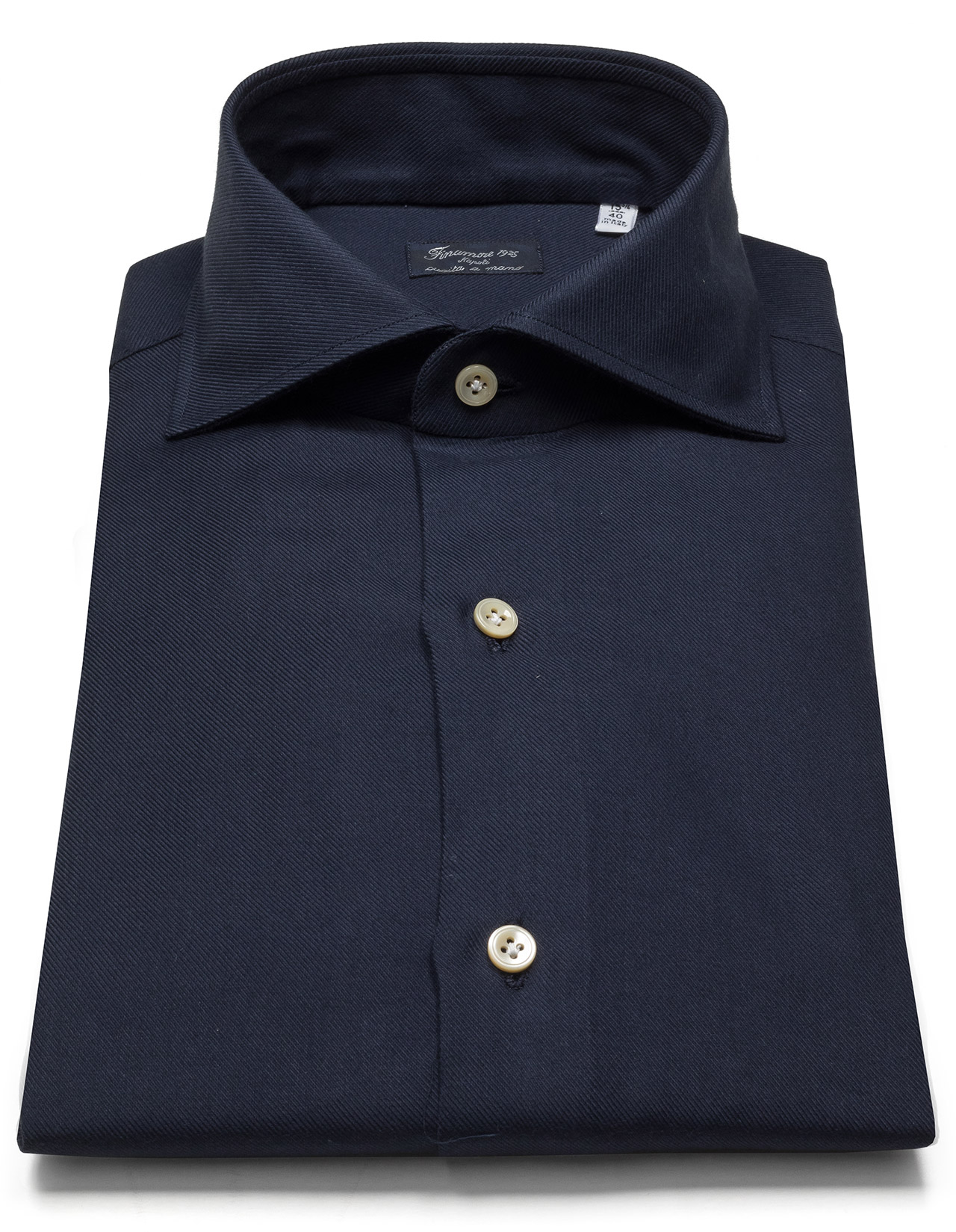 Finamore Flanellhemd in dunkelblau aus Baumwolle / Kaschmir mit Haikragen