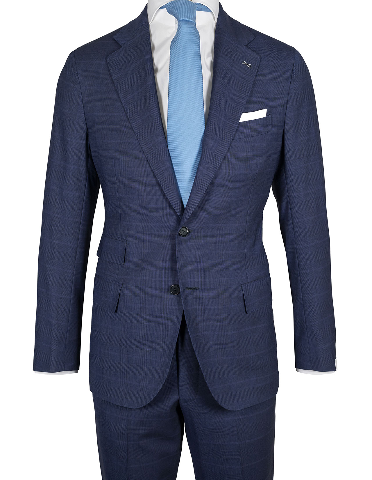 De Petrillo Anzug in blau mit Glenscheck aus Schurwolle